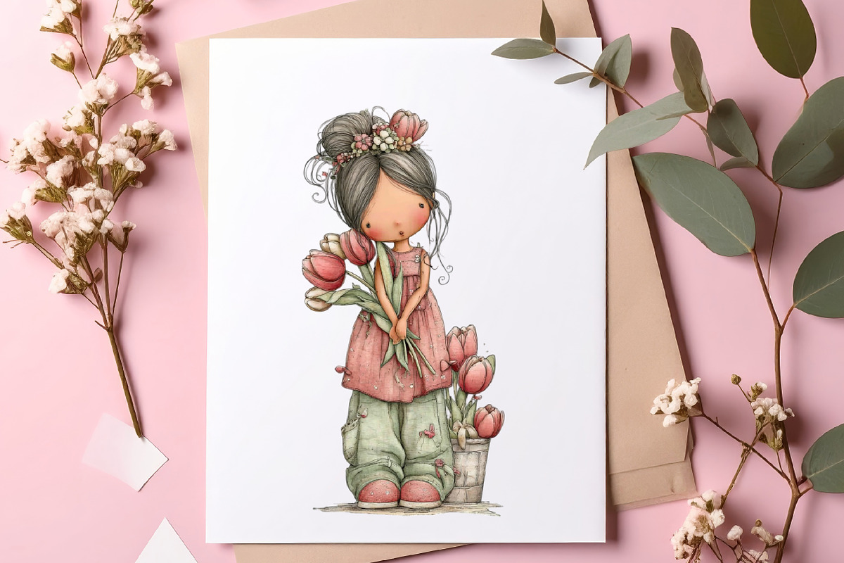 Whimsical Girl With Tulips And Puppy, an Illustration by SinaCreation (Photo 7 of 11)