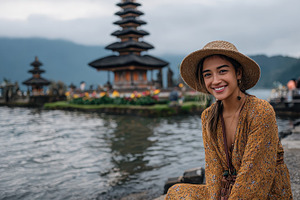 Happy traveler at Ulun Danu Temple B, a Photo by Pixeness Studio