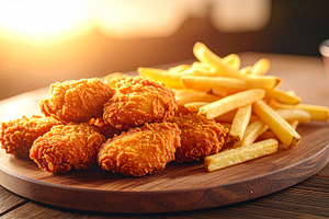 Crispy golden chicken nuggets with hot fries on a rustic table in warm sunset l, a Food & Drink Photo by DutchDigitalDesign