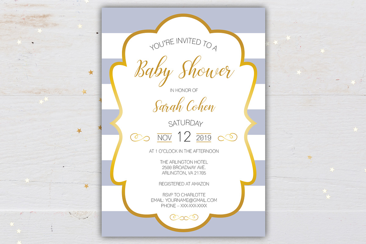 Gold Framed Baby Shower Invitation, a Stationery Template by BF Studios (Photo 2 of 4)