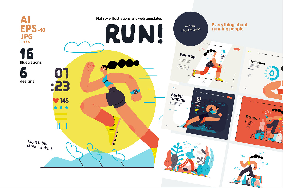 RUN! flat vector illustrations set, a Templates & Theme by Grivina's shop (Photo 1 of 24)