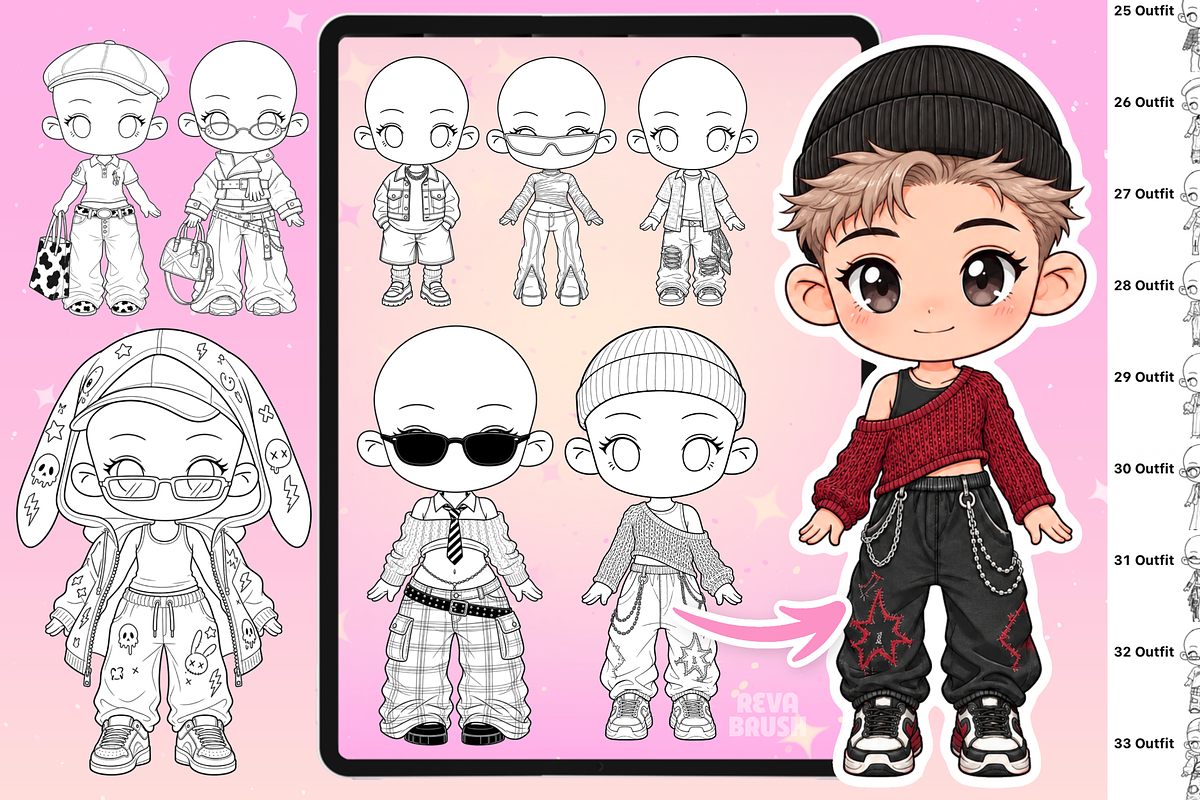 Chibi Procreate Outfit Pose brushes, a Brush Add-On by Revabrush (Photo 18 of 18)
