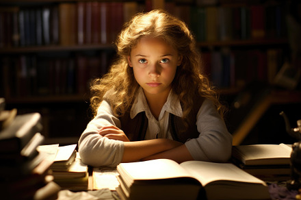 Environmental portrait of a caucasian girl student sitting at a, a Person Photo by designvectx