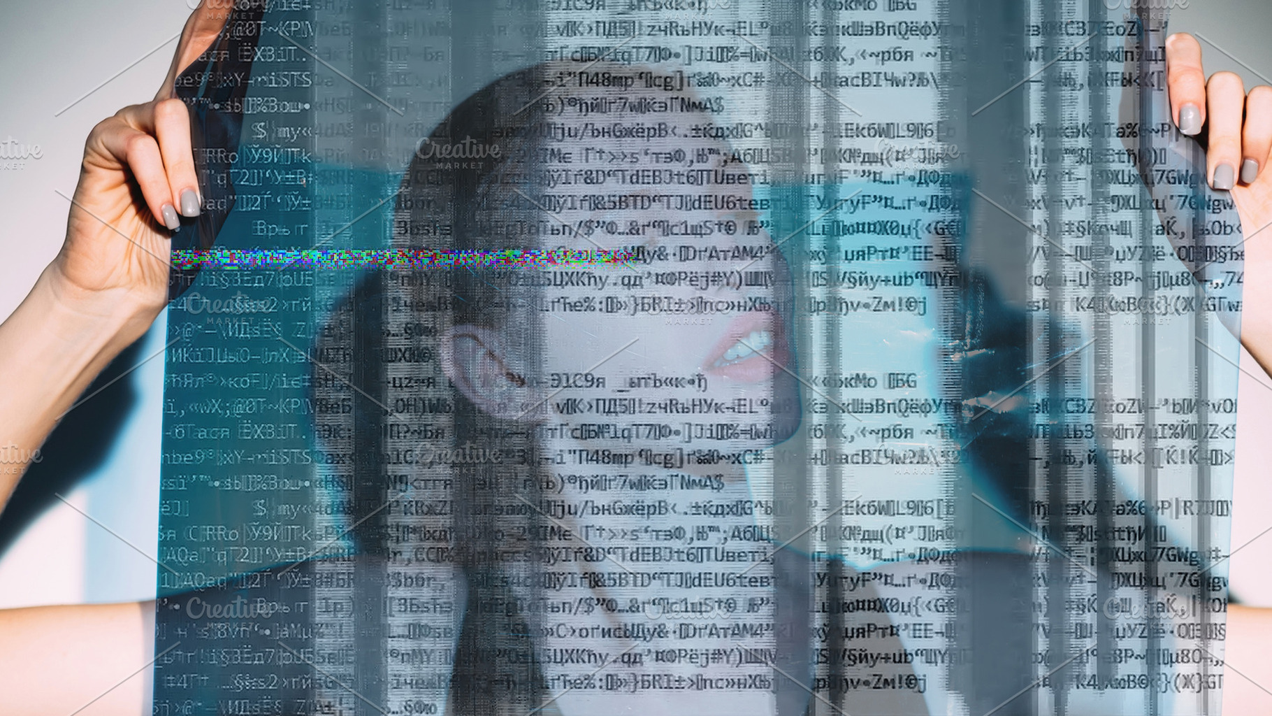 Facial recognition woman glitch encryption data, a Technology Photo by Photo Drive Studio