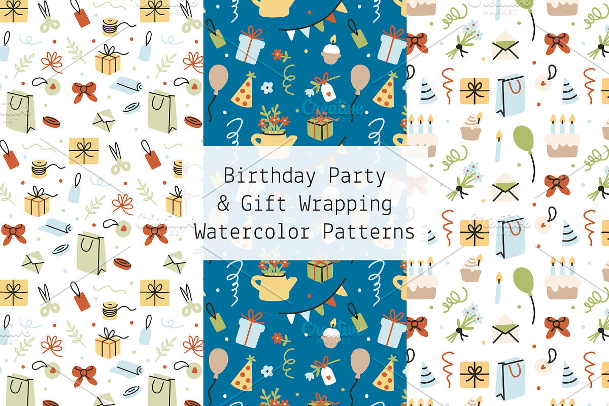 Birthday Party Watercolor Patterns, a Pattern Graphic by Lyolya Profitrolya (Photo 1 of 4)