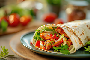 Tortilla wrap with chicken and fresh vegetables in plate on blurred background, a Food & Drink Photo by AlyaAnd