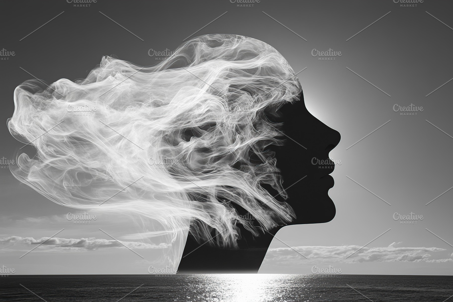 Silhouette of human head surrounded by flowing smoke over water at dusk, a Photo by AlyaAnd