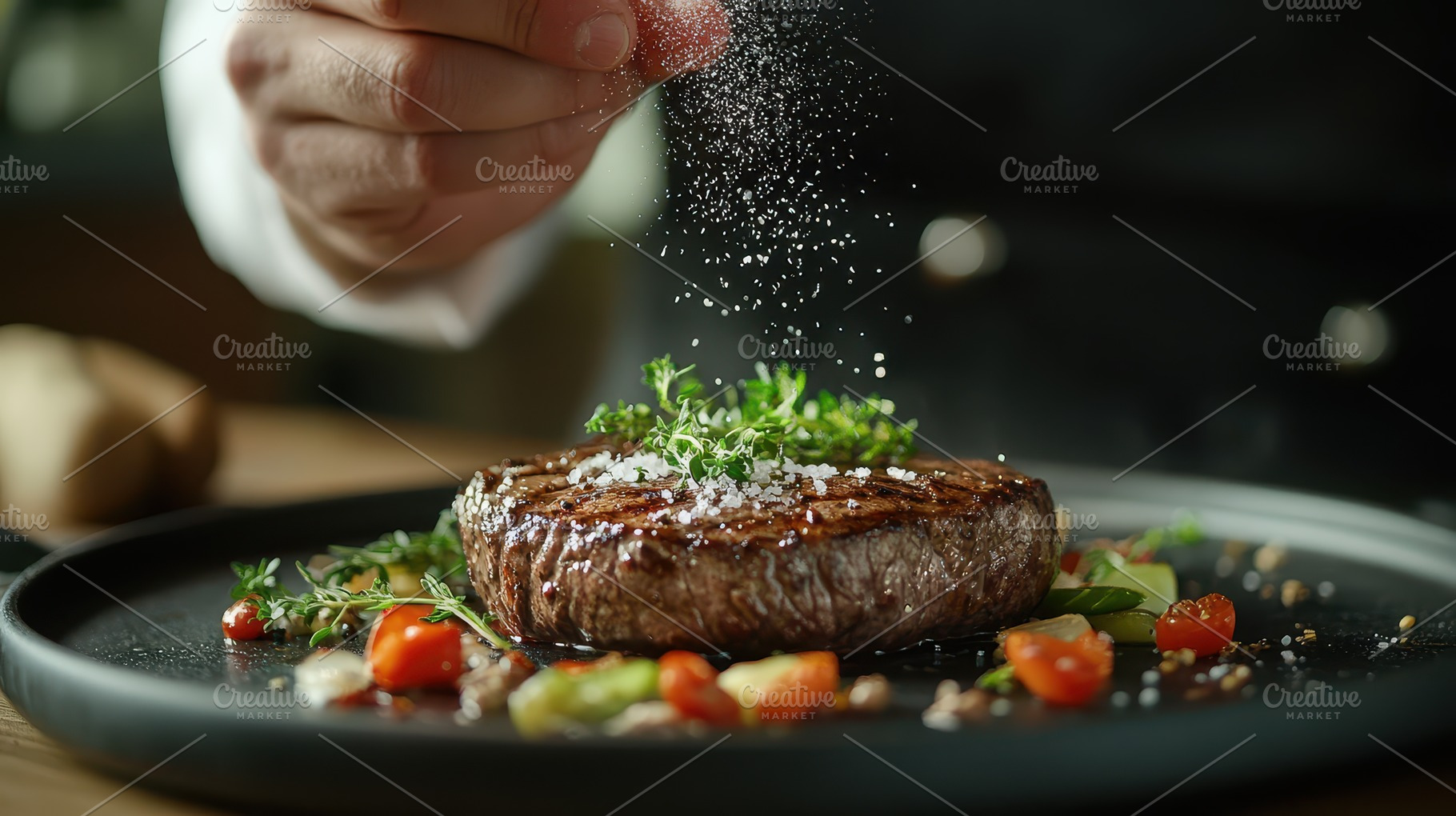 Chef seasoning delicious grilled ste, a Food & Drink Photo by Pixeness Studio