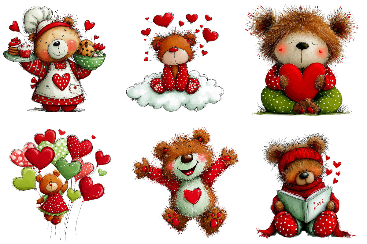 whimsical valentine bear clipart bun, an Illustration by CreationArt (Photo 6 of 6)