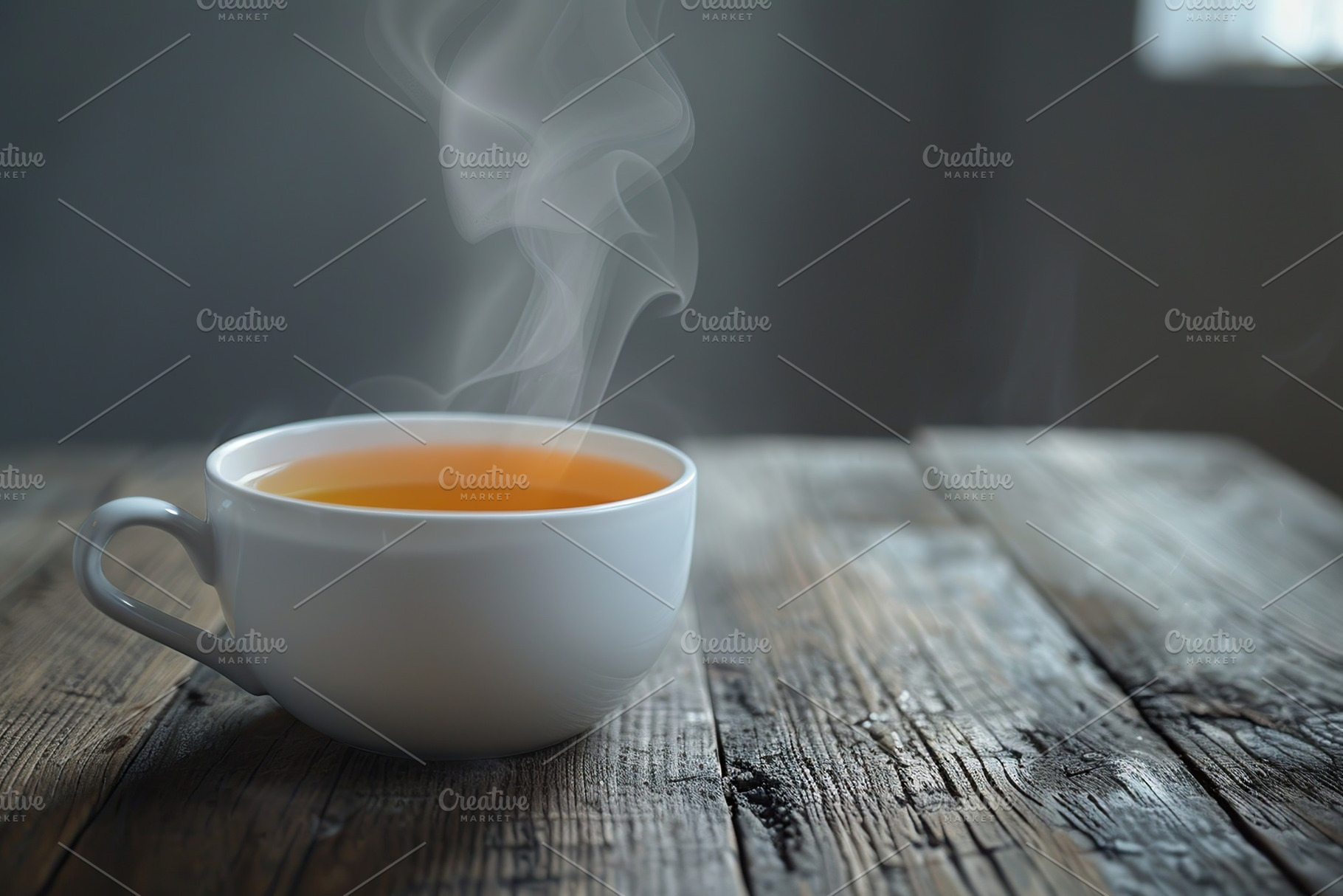 Cup of tea with steam on wooden table, a Food & Drink Photo by AlyaAnd