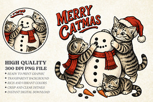 Merry Catmas Kittens and Snowman PNG, a Seasonal Illustration by Libby Wishes