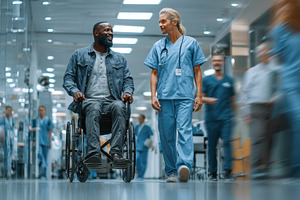 Man in wheelchair conversing with do, a Photo by Pixeness Studio