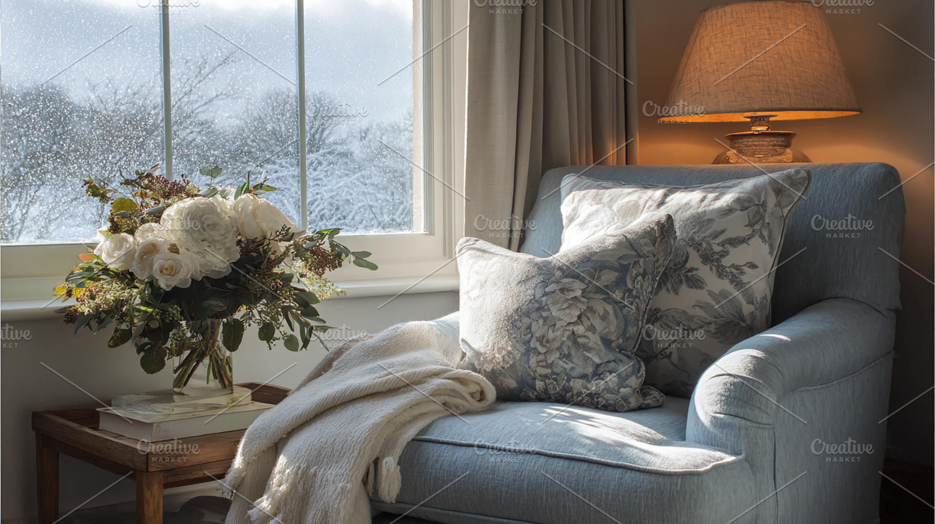 Cozy armchair by window overlooking snowy winter scene, inviting, a Photo by Studio ANNA