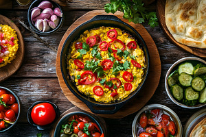 Corn and tomato skillet with fresh vegetable sides, a Food & Drink Photo by Photostock