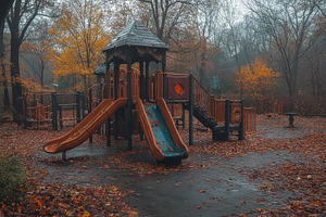 Playground in autumn with colorful l, a Photo by Tanuart