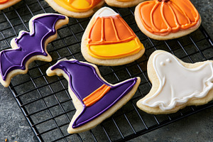 Halloween cookies with witch hat, ghost, bat and candy corn, a Food & Drink Photo by José Manuel Gelpi