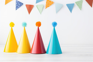 Colorful birthday caps and paper flags on white wooden background, a Holiday Photo by AlyaAnd