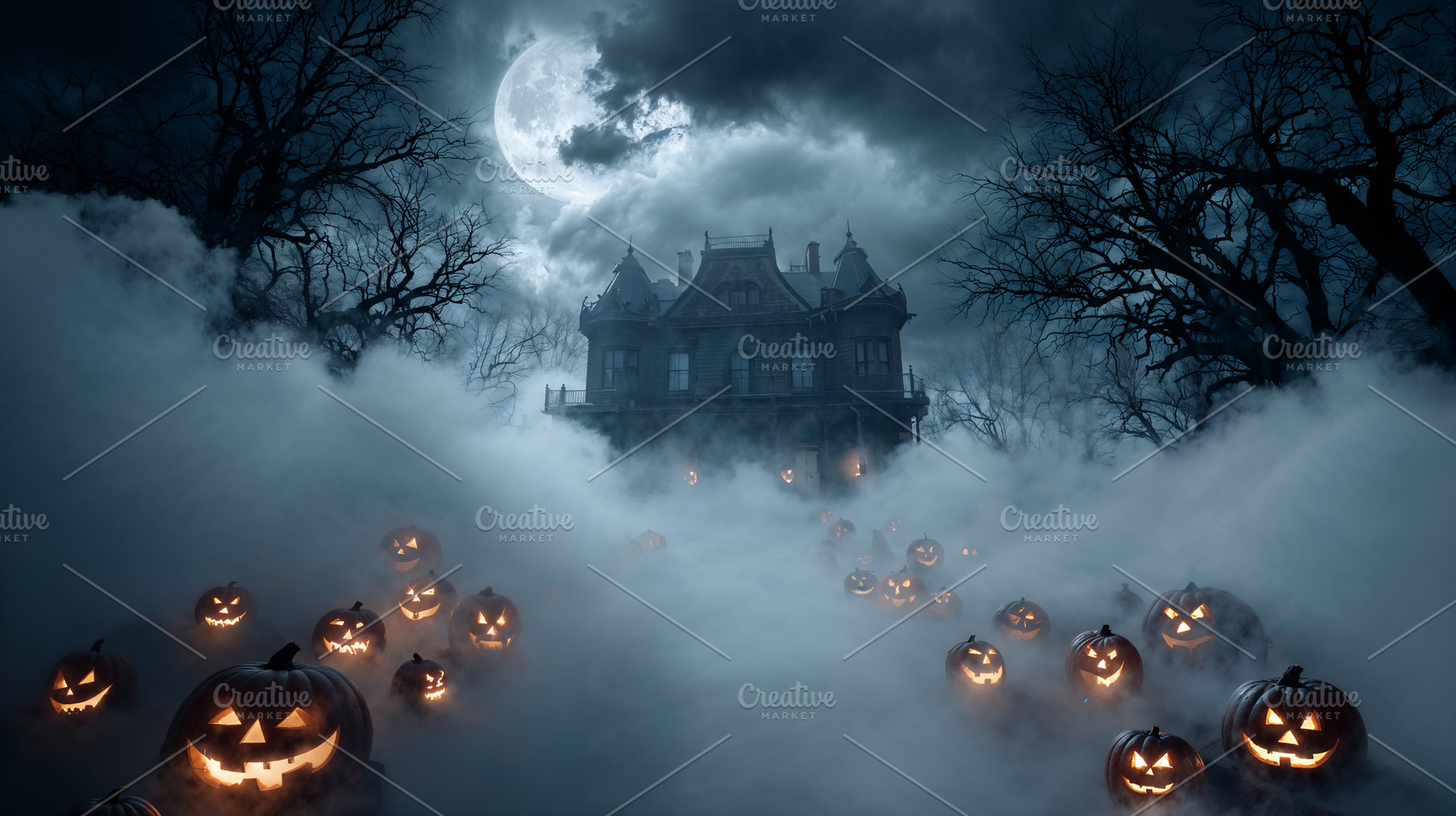 Haunted mansion with glowing pumpkins on Halloween night, a Holiday Photo by OSORIOartist