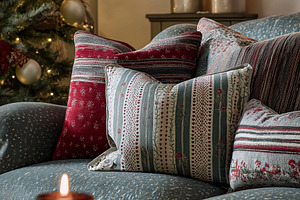 Cozy Christmas living room decorating with festive cushions, candles, and a hol, a Holiday Photo by Studio ANNA