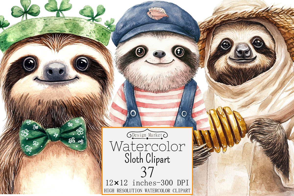 Watercolor Sloth Clipart, a Seasonal Illustration by Design Market (Photo 1 of 4)
