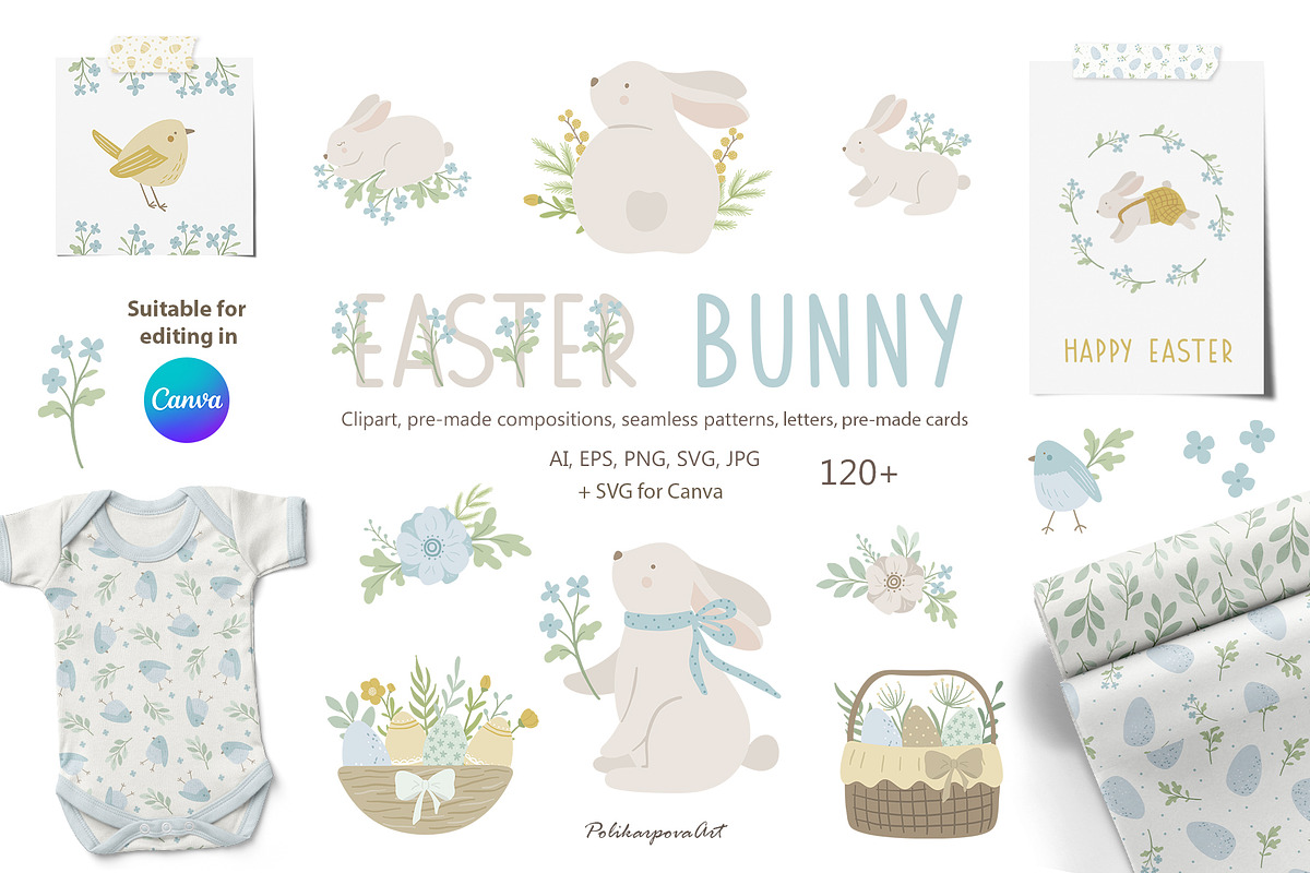 Easter BUNNY clipart & pattern, an Animal Illustration by polikarpovaart (Photo 1 of 10)