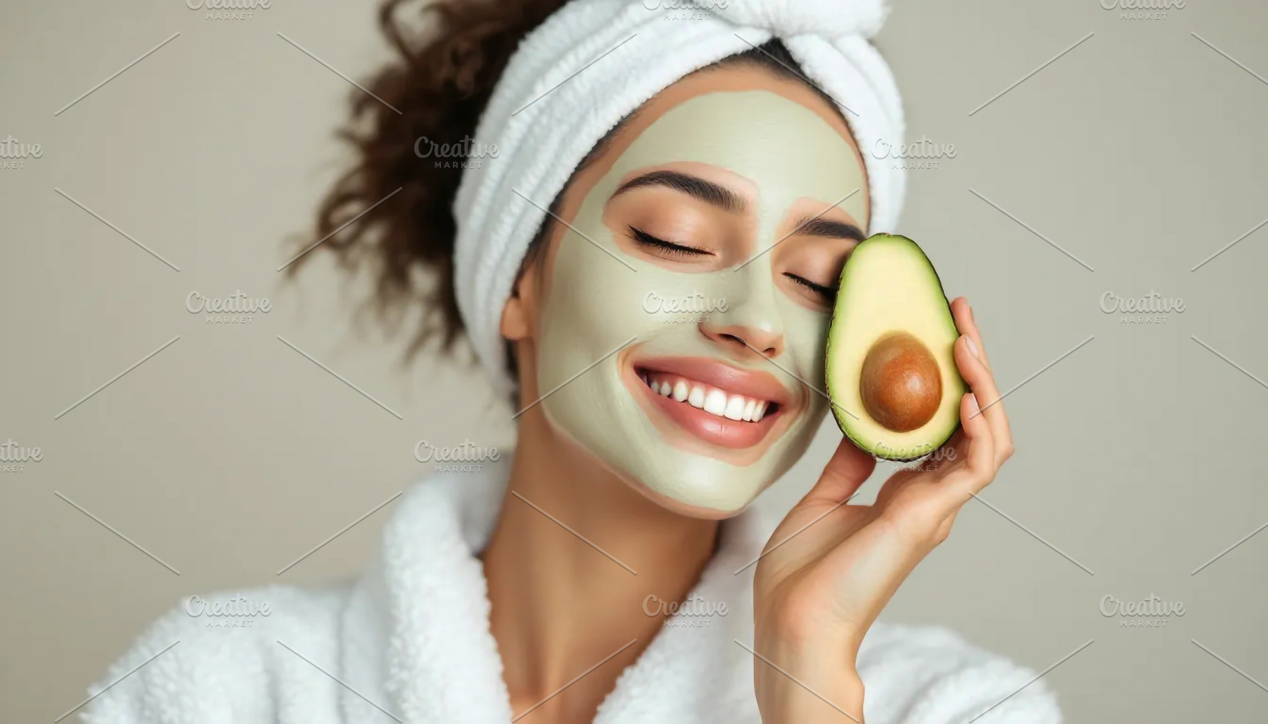 Woman with Avocado Face Mask Smiling, a Beauty & Fashion Photo by Stock Shape