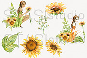 Watercolor Sunflower Girl Clipart, a Decorative Illustration by STASIstudio (Thumbnail 3 of 3)