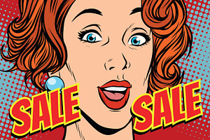 Sale comic text pop art woman, an Illustration by studiostoks