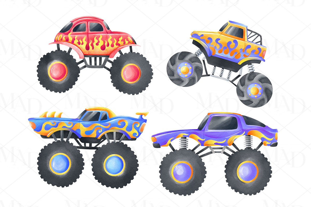 Watercolor Monster Truck Clipart Set, a Transportation Illustration by MiracleArtAndDesign (Photo 2 of 5)