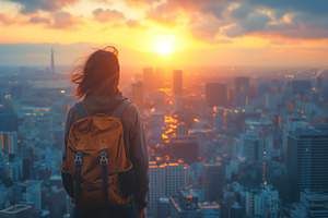 A young female traveler gazes at a stunning sunset over the city, a Person Photo by ImageMir