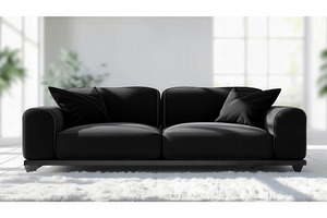 Modern black sofa with cushions in a, an Illustration by tilialucida