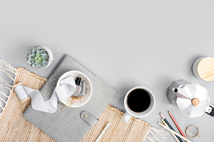 Coffee & Notebook on Grey Background, a Business Photo by Her Creative Studio