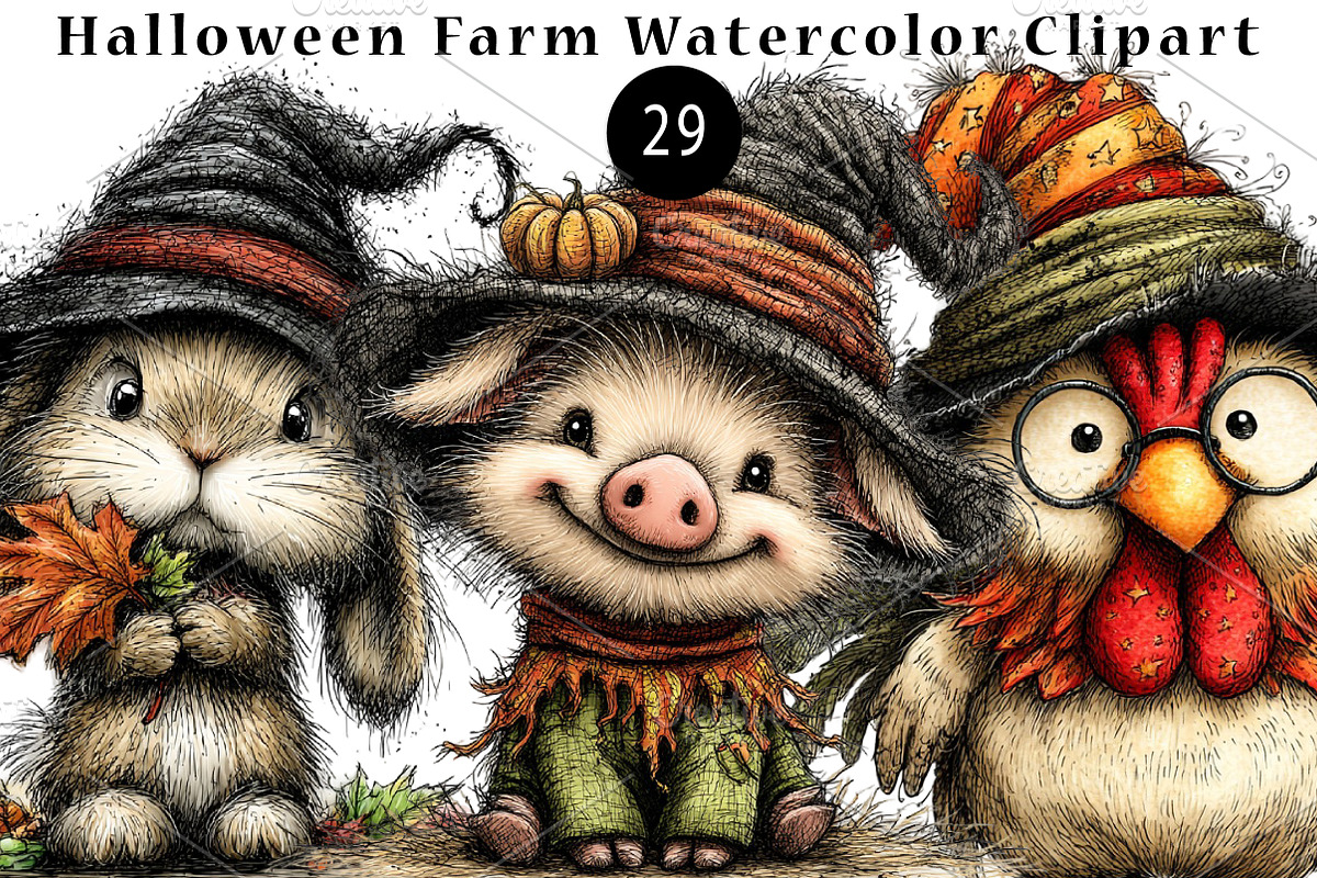 Halloween Farm Watercolor Clipart, a Seasonal Illustration by CreationArt (Photo 1 of 5)