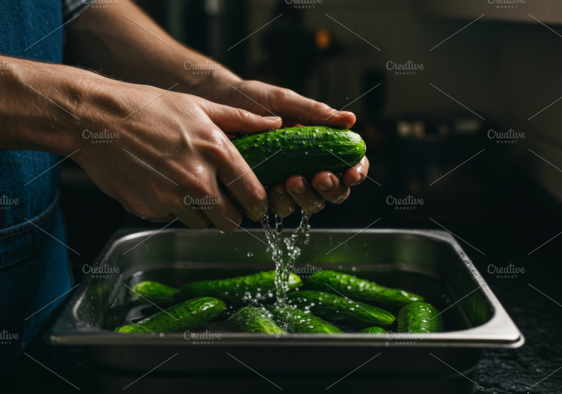 Person rinsing fresh cucumber under, a Food & Drink Photo by professorinc