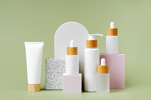 Pump bottle, cream tube, and dropper