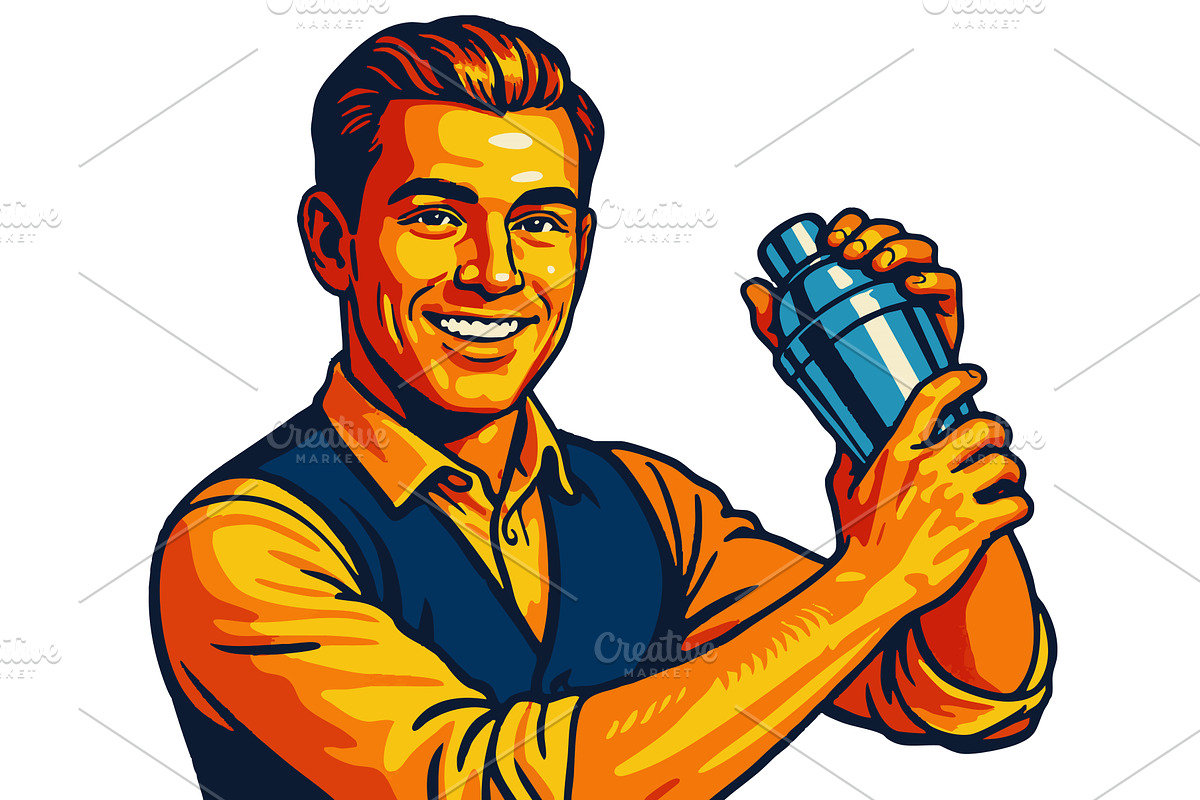 Smiling Bartender Shaking Cocktail, a Person Illustration by AlexArt