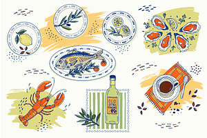 Hand drawn italian food set with