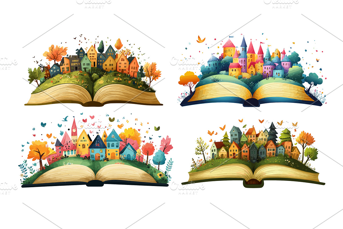 Open book with city inside cartoon, an Illustration by Onyx