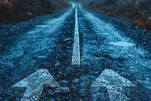 Foggy road with directional arrows leading forward, concept of d, an Abstract Photo by José Manuel Gelpi