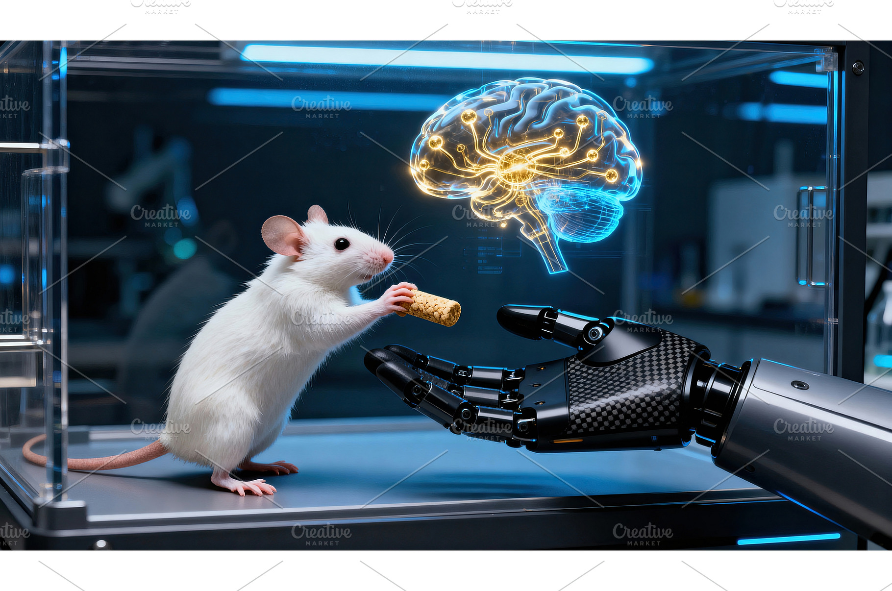 White mouse offers treat to robotic, a Health & Medical Photo by tilialucida