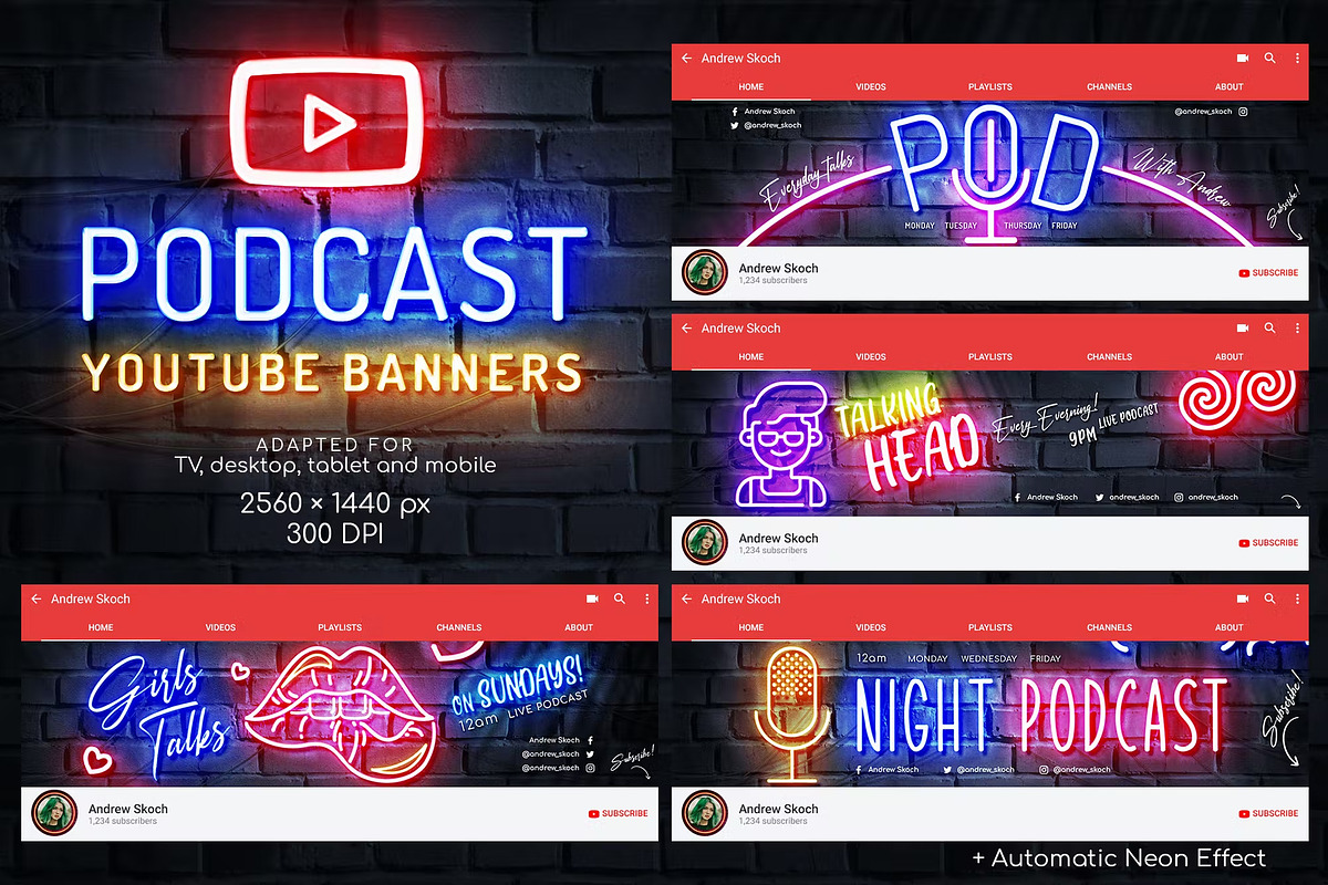 Neon Podcast YouTube Templates, a Social Media Template by Andrew Skoch Design (Photo 1 of 8)