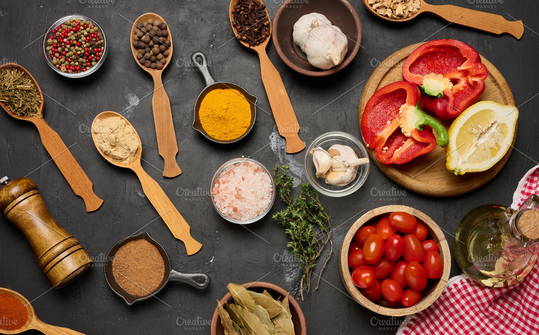 Spices, vegetables, and herbs on a dark background turmeric, pep, a Food & Drink Photo by ndanko