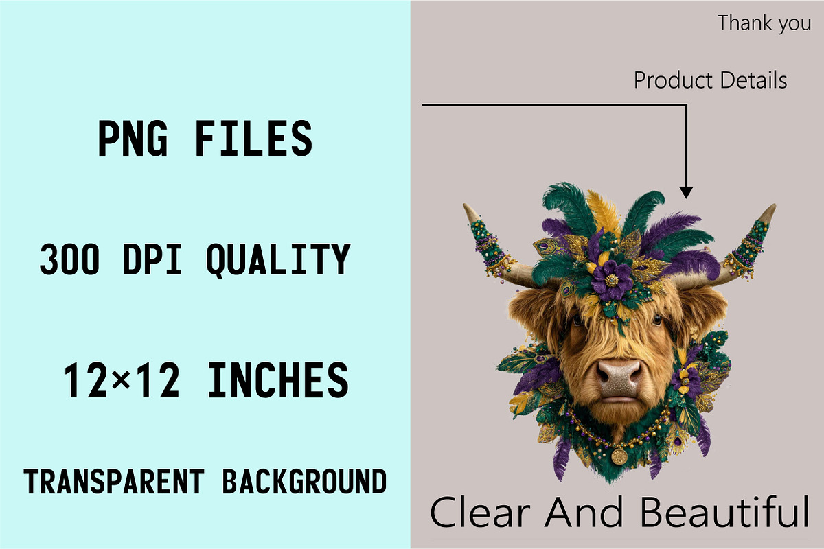 Cute Mardi Gras Highland Cow Clipart, an Illustration by SVGArt (Photo 5 of 7)