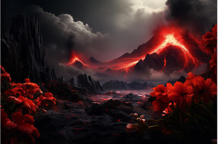 Vibrant Red flowers volcano, a Nature Photo by Ylivdesign