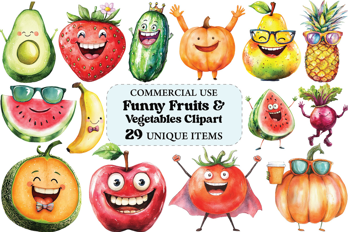 Funny Fruits & Vegetables Clipart, an Illustration by Craft Nest (Photo 1 of 5)