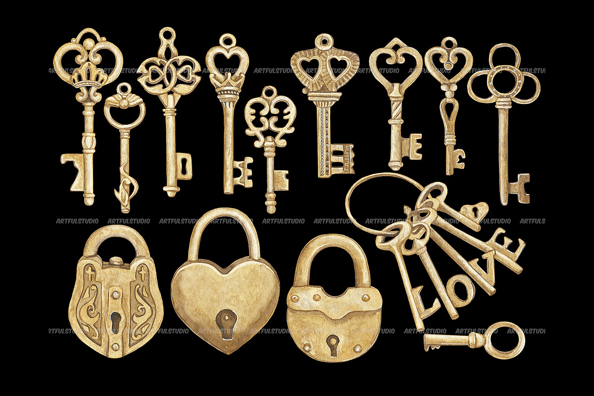 Watercolor vintage Keys and locks, an Object Illustration by ArtfulStudio (Photo 8 of 9)