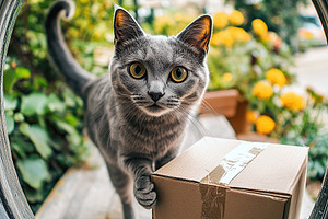 Cute cat delivers package through fisheye lens peephole surrounded by flowers, an Animal Photo by AlyaAnd