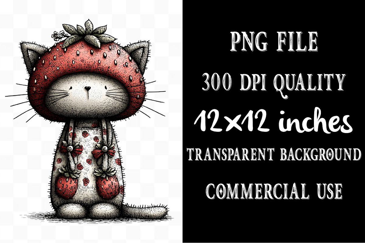 Strawberry Cat Whimsical Clipart, a Seasonal Illustration by Designking (Photo 4 of 5)