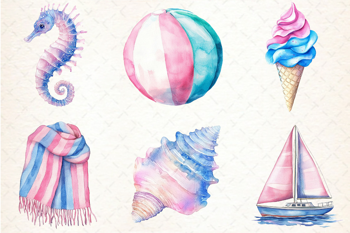 Summer Pink & Blue Coastal Clipart, an Illustration by Libby Wishes (Photo 5 of 5)