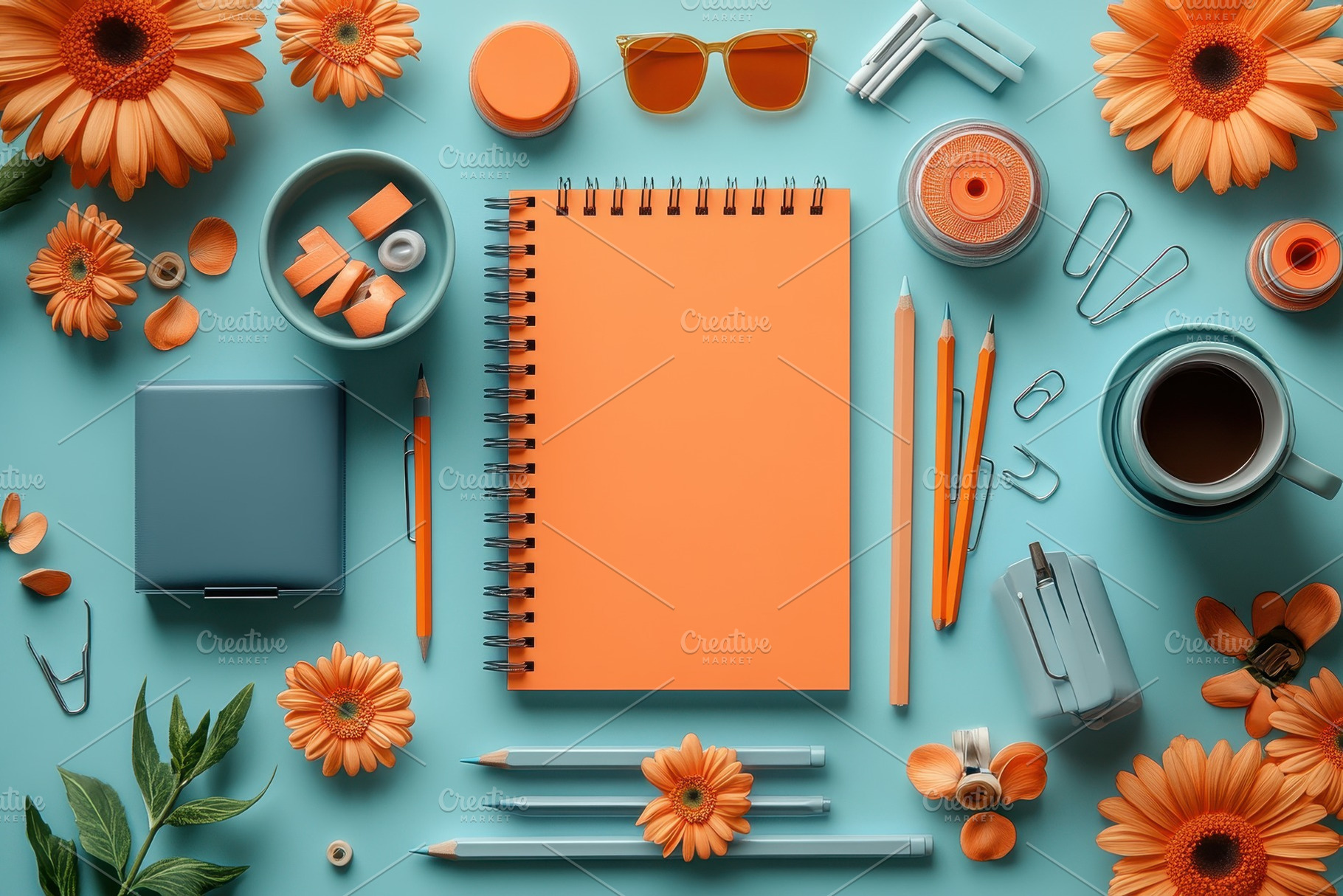 Creative workspace with vibrant oran, a Photo by Tanuart